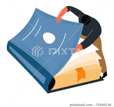 Male character peeking book pages, reader vector 75800236