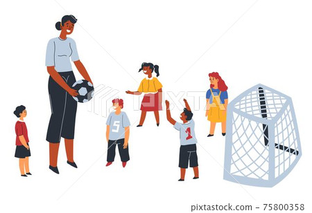 School or kindergarten teacher playing football 75800358