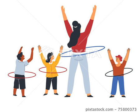 Teacher and children with hulahoop at PE lesson Teacher and children with hulahoop at PE lesson 75800373