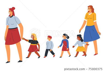 Teachers and children in kindergarten walking Teachers and children in kindergarten walking 75800375
