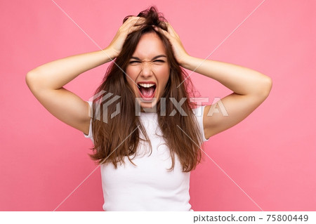Photo shot of cute nice charming gorgeous attractive pretty youngster happy and crazy woman wearing 75800449