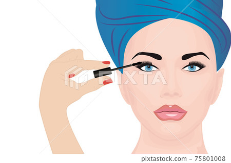 A girl applying mascara on to her eye vector illustration 75801008