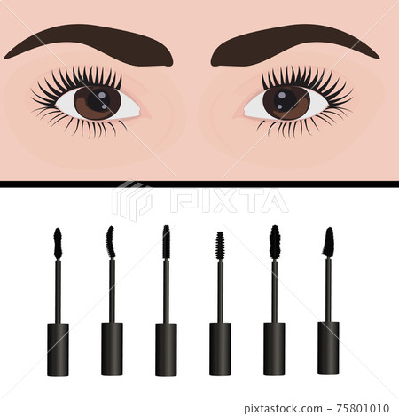A girl's eyes and types of mascara vector illustration. Set of mascara 75801010