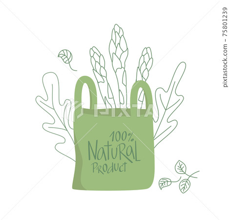 Natural product sign on eco shopping paper bag with asparagus flat illustration. Zero waste, plastic free, bio market, recycle concept. Vector stock illustration isolated on white background. Natural product sign on eco shopping paper bag with asparagus flat illustration. Zero waste, plastic free, bio market, recycle concept. Vector stock illustration isolated on white background. 75801239