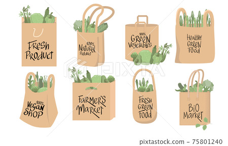 Paper bag with vegetables set, eco green sign lettering for vegetarian, vegan shop, farmers market, natural organic food. Vector isolated on white background. Sticker for healthy product. 75801240