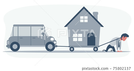 Business concept vector illustration of a businessman on knees dragging a house and a convertible car. Financial problem, burden, pressure, debt, installment concept Business concept vector illustration of a businessman on knees dragging a house and a convertible car. Financial problem, burden, pressure, debt, installment concept 75802137