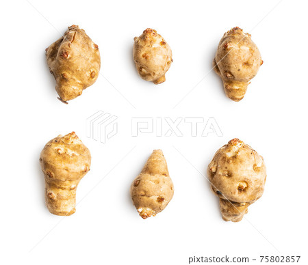 Raw jerusalem artichoke. Topinambur vegetable root. Raw jerusalem artichoke. Topinambur vegetable root. 75802857
