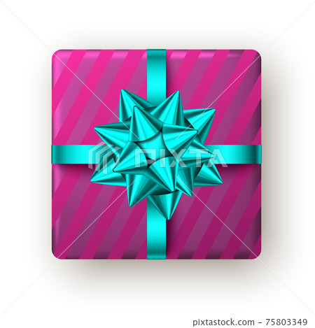 Pink gift box with  blue ribbon and bow, top view. 75803349