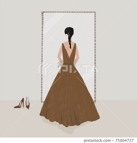 Back view of a woman in a wedding dress, fitting, costume, marriage, wedding costume, color dress, 75804727