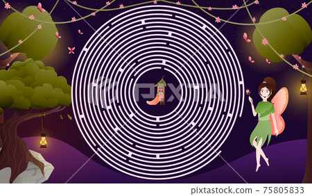 Fairy maze for kids in cartoon style with night forest scene, stars and magical trees woth lighting laterns 75805833