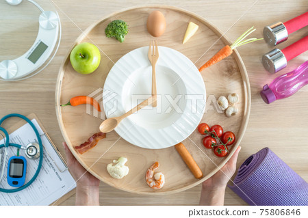 Intermittent fasting IF diet concept with 16:8 hour clock timer for skipping meal and eating keto low carb, high fat food meal healthy nutritional dish with gym exercise for body weight loss Intermittent fasting IF diet concept with 16:8 hour clock timer for skipping meal and eating keto low carb, high fat food meal healthy nutritional dish with gym exercise for body weight loss 75806846