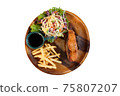 Set of fried salmon steak served on round wooden plate isolated on a white background 75807207
