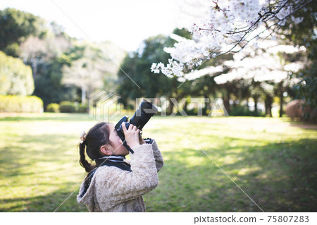 Girl taking pictures with a single-lens reflex camera Girl taking pictures with a single-lens reflex camera 75807283