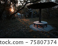Sunset on a covered bench 75807374