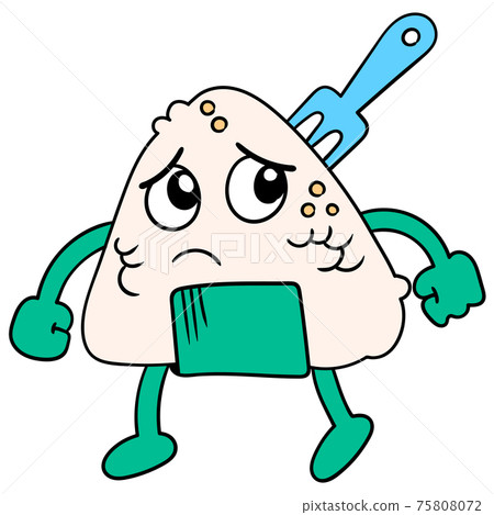 Onigiri rice balls are afraid of being eaten with the fork stuck in. doodle icon image kawaii. Onigiri rice balls are afraid of being eaten with the fork stuck in. doodle icon image kawaii. 75808072