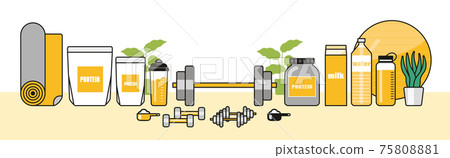 Image of gym such as protein and dumbbells 75808881