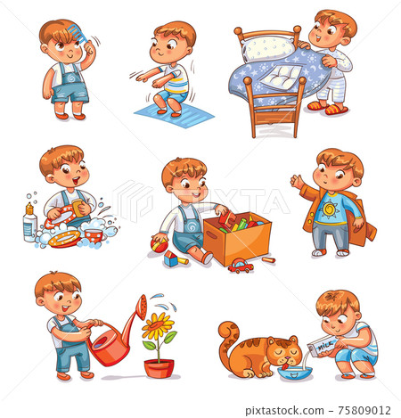 Cartoon kid daily routine activities set 75809012