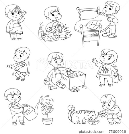 Cartoon kid daily routine activities set-插圖素材 [75809016] - PIXTA圖庫