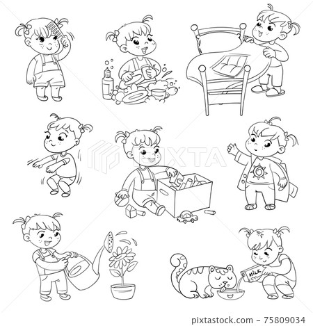 Cartoon kid daily routine activities set 75809034