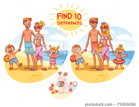 Find the 10 differences. Happy family on vacation 75809086