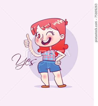 Cartoon happy girl making thumbs up sign 75809263