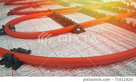 Underfloor heating pipe. Installation of engineering systems in a building. Lens glare Underfloor heating pipe. Installation of engineering systems in a building. Lens glare 75812920