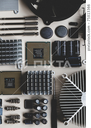 Computer and laptop hardware. PC parts top view. Repair, assembly, engineering concept. 75813366