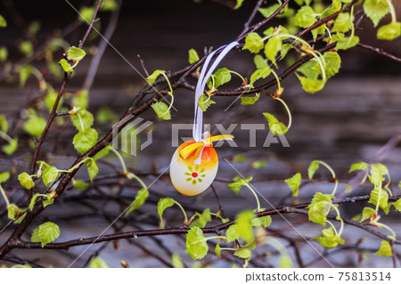Little Easter egg hanging on branches Little Easter egg hanging on branches 75813514