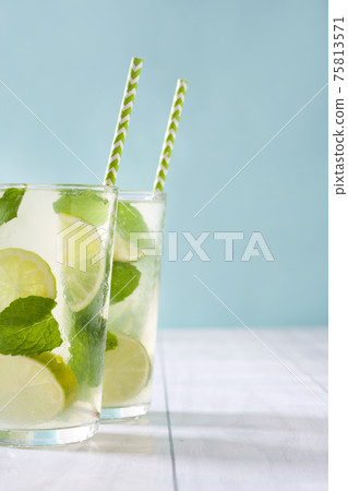 Fresh mojito with lime and mint on white wooden table Fresh mojito with lime and mint on white wooden table 75813571
