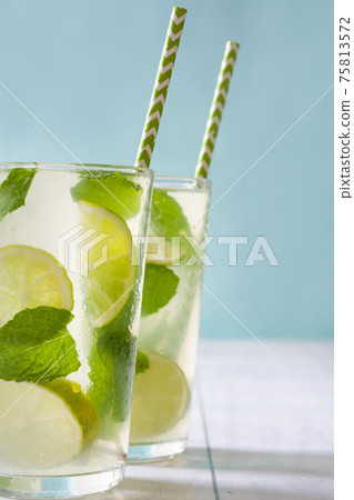 Fresh mojito with lime and mint on white wooden table Fresh mojito with lime and mint on white wooden table 75813572