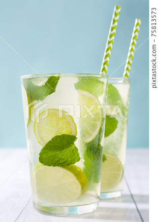 Fresh mojito with lime and mint on white wooden table Fresh mojito with lime and mint on white wooden table 75813573