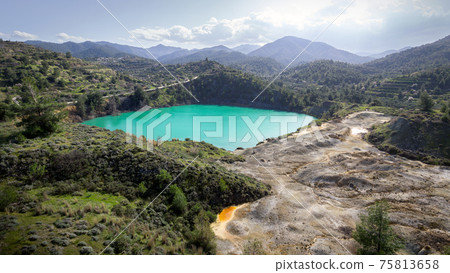 Aerial view of abandoned open pit Memi mine in Xyliatos, Cyprus 75813658