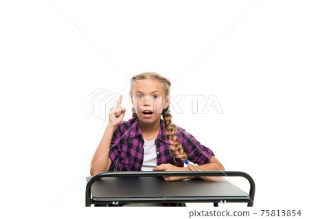 Homework idea. Little girl keeping finger raised isolated  75813854