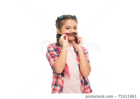 Fake mustache. Happy girl child isolated on white. Small Fake mustache. Happy girl child isolated on white. Small 75813861