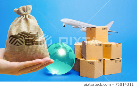Money bag, blue globe, cardboard boxes and freight airplane. International world trade. Deliver goods, shipping. Import export freight traffic. Markets globalization. Money bag, blue globe, cardboard boxes and freight airplane. International world trade. Deliver goods, shipping. Import export freight traffic. Markets globalization. 75814311
