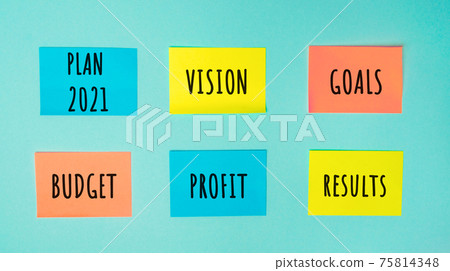 Colorful stickers with the words Plan 2021, Vision, Goals, Budget, Profit and Results. Planning, plans and tasks. New business ideas. Setting goal, target. Motivation inspiration. Financial management Colorful stickers with the words Plan 2021, Vision, Goals, Budget, Profit and Results. Planning, plans and tasks. New business ideas. Setting goal, target. Motivation inspiration. Financial management 75814348