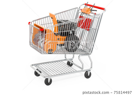 Shopping cart with snow blower machine, 3D rendering Shopping cart with snow blower machine, 3D rendering 75814497