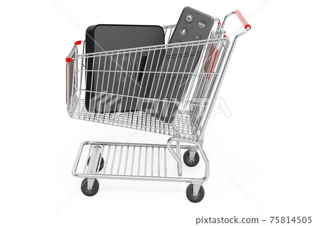 Shopping cart with digital media player, 3D rendering Shopping cart with digital media player, 3D rendering 75814505
