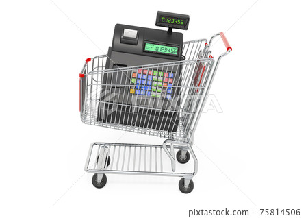 Shopping cart with cash register, 3D rendering Shopping cart with cash register, 3D rendering 75814506