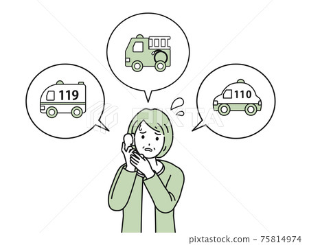 Elderly woman making an emergency call 110th 119th emergency vehicle Illustration material Elderly woman making an emergency call 110th 119th emergency vehicle Illustration material 75814974