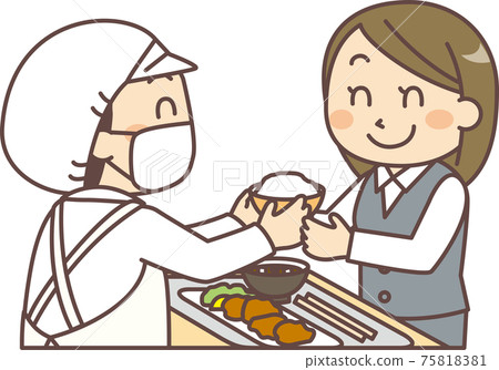 A cook / nutritionist who gives a bowl to a female office worker 75818381