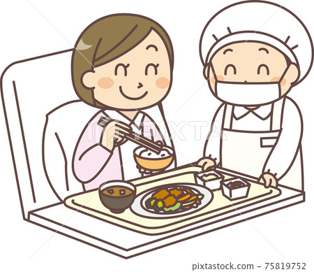 A cook / nutritionist serving a woman sitting in bed 75819752