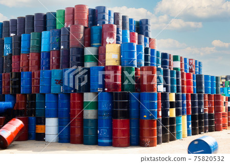 Old Rusty Dirty Steel Barrel, blue oil tank stack many drum in Toxic Old Rusty Dirty Steel Barrel, blue oil tank stack many drum in Toxic 75820532