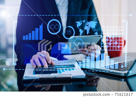 Data Management System with Business Analytics concept. business team hands working with provide information for Key Performance  and marketing 75821817