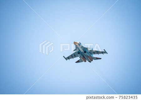 Russia, Khabarovsk - May 9, 2020: Su-34 front-line fighter-bomber . Parade in honor of victory. Military air parade in honor of Victory Day.  75823435