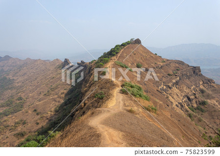 Way of Chilkhati buruj from top fort, Rajgad fort, Pune, Maharashtra, India. 75823599