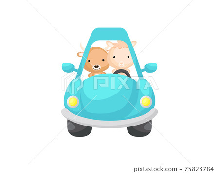 Cute little yak and alpaca driving turquoise car. Cartoon character for childrens book, album, baby shower, greeting card, party invitation, house interior. Vector stock illustration. Cute little yak and alpaca driving turquoise car. Cartoon character for childrens book, album, baby shower, greeting card, party invitation, house interior. Vector stock illustration. 75823784