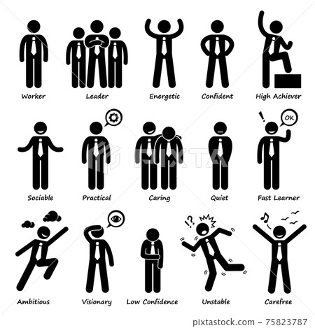 Businessman Attitude Personalities Characters Stick Figure Pictogram Icons. These are businessman attitude and personalities.  75823787