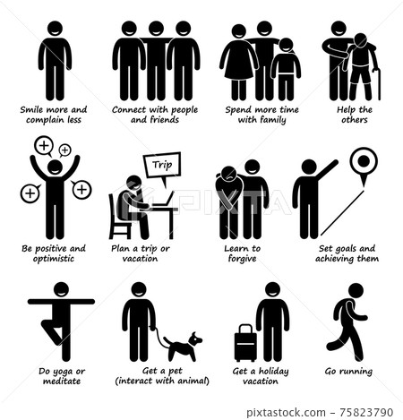 How to be a Happier Person Stick Figure Pictogram Icons. Ways on how to be a happier.  75823790