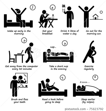 Healthy Lifestyles Daily Routine Tips Stick Figure Pictogram Icons. How to become more healthy.  75823792